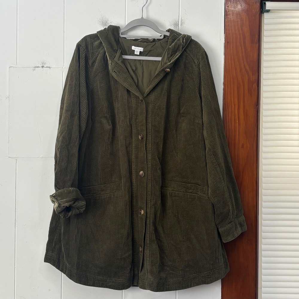 J. Jill Olive Green Corduroy Hooded Jacket Velvet Trim XL Tall Cotton Barn Coat